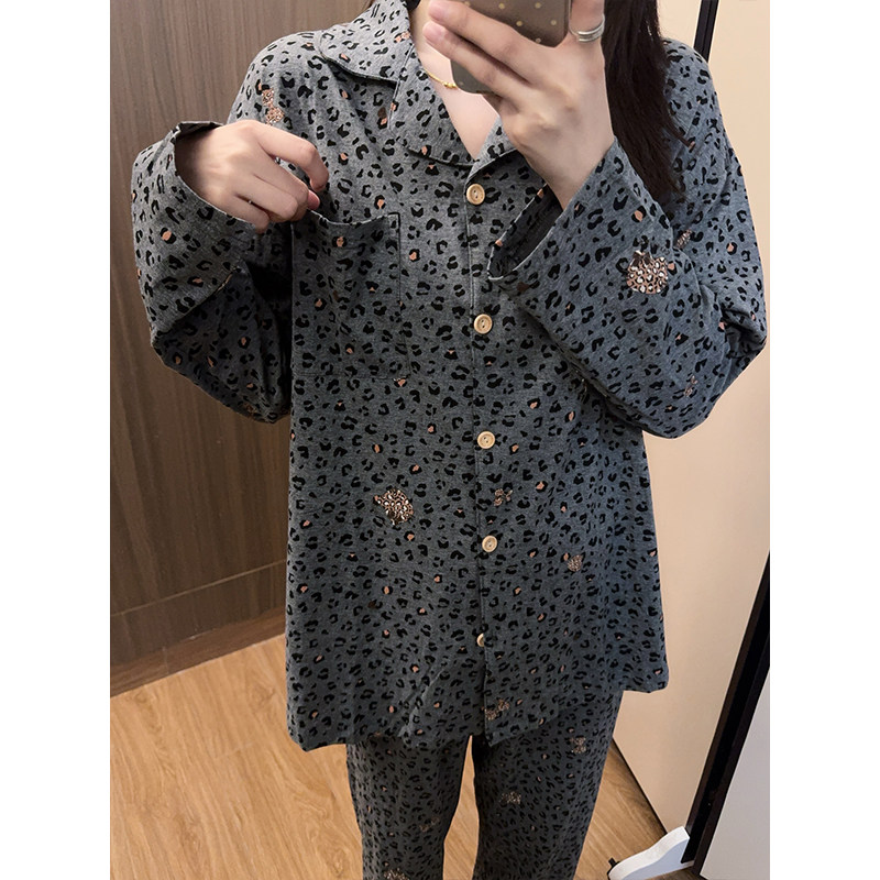 日系卡通豹纹KT猫纯棉睡衣女