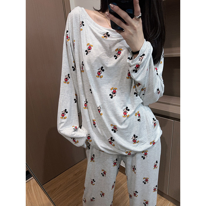 日系卡通米奇睡衣女莫代尔春夏季一字肩长袖长裤可外穿家居服套装