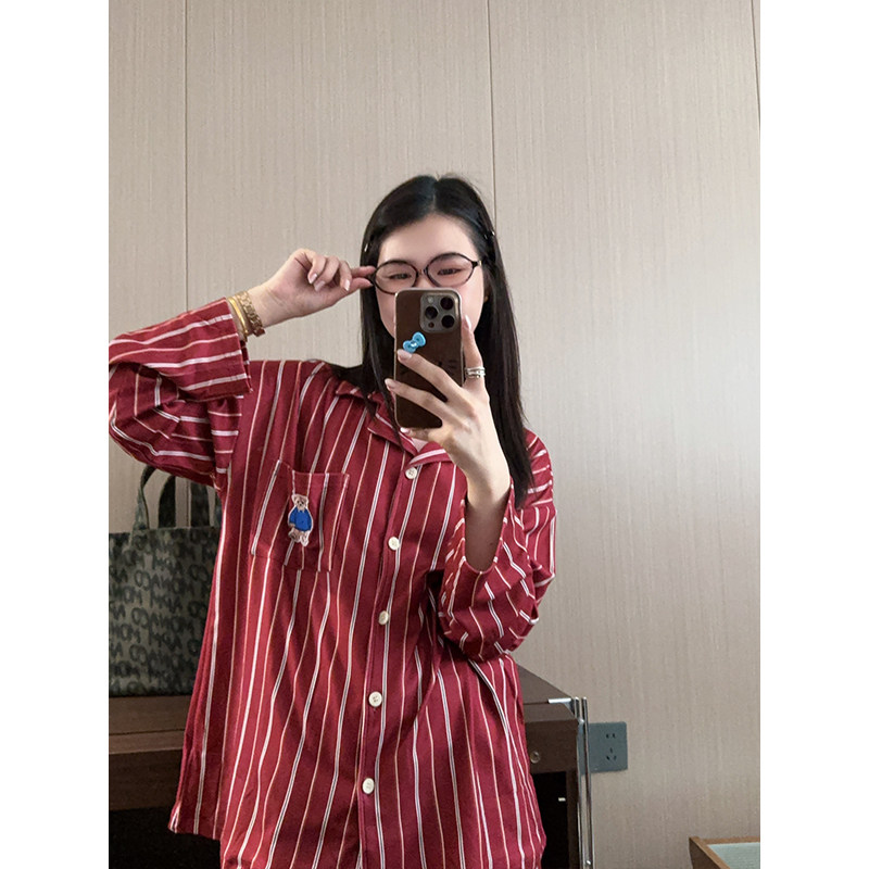日系卡通条纹小熊睡衣女
