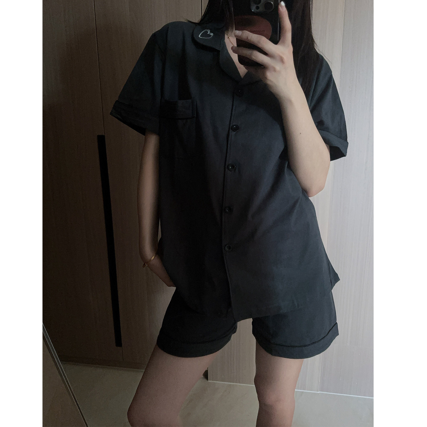 韩国男友风纯棉睡衣女高级感爱心短袖短裤夏季纯色慵懒家居服套装