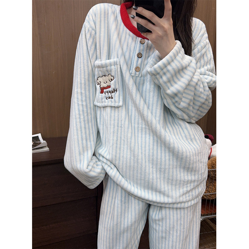 日系卡通小狗加厚加绒睡衣女秋冬保暖法兰绒条纹圆领长袖长裤套装