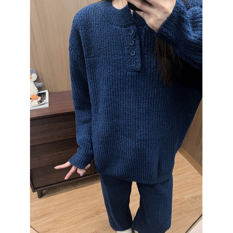 日系简约高级感半边绒睡衣女秋冬加厚保暖慵懒家居服长袖长裤套装