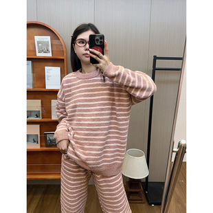 日系条纹半边绒睡衣女士秋冬季加厚保暖可外穿家居服长袖长裤套装