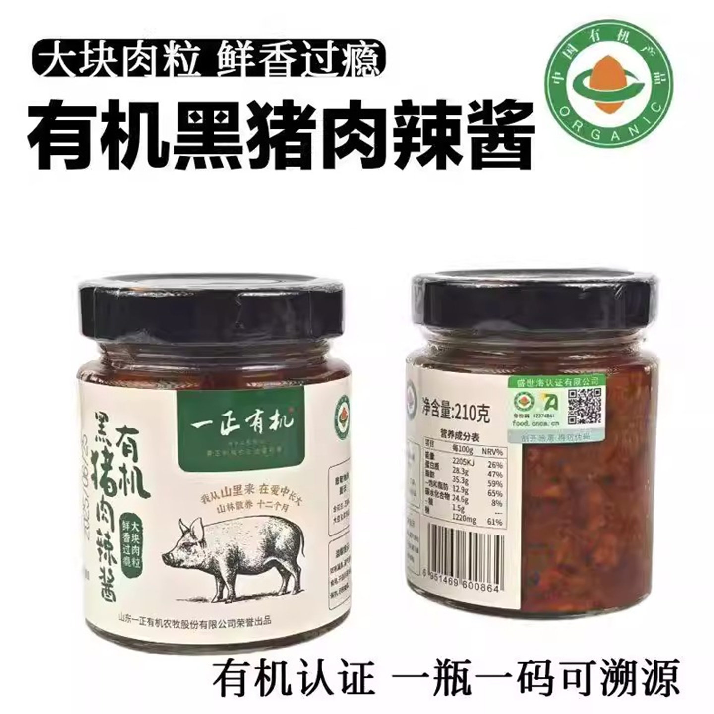 一正有机黑猪肉酱拌饭拌面酱佐餐下饭肉辣酱微辣配料简单瓶装调料