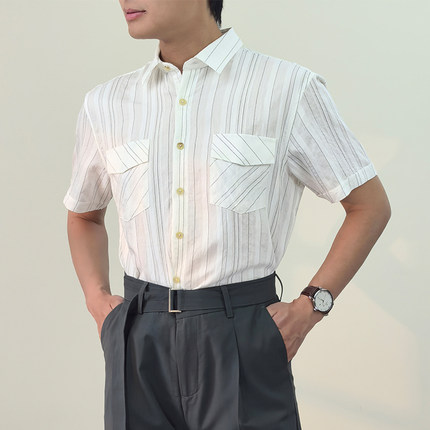 夏季商务休闲短袖衬衫男冰丝高级感条纹柔软棉质男士上衣薄款痞帅