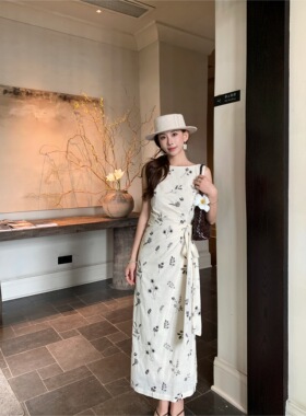 EAU DE MER 小苍兰绣花复古气质棉麻无袖背心收腰系带连衣裙女