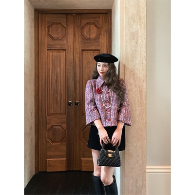 【现货】EAU DE MER 车厘子酒 精致贵气千金小香风粗花呢斗篷外套