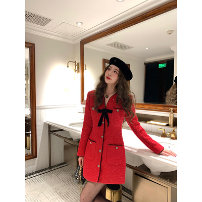 气质千金蝴蝶结V领亮片连衣裙