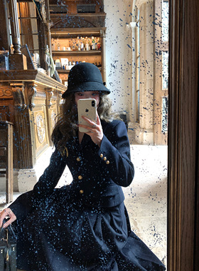 【现货】EAU DE MER 奥黛丽小姐 羊毛厚实毛呢刺绣西装外套百褶裙