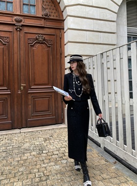 【现货】EAU DE MER 黑天鹅 手工钉珠亮片高级感气质小香外套半裙