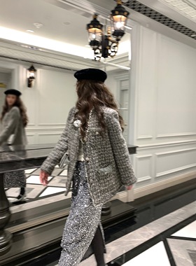 EAU DE MER 银河香颂 高级感重工气质灰粗花呢羊毛外套