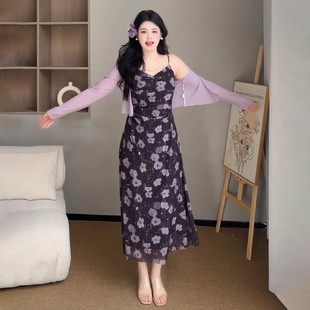 女 大码 胖mm法式 复古收腰显瘦印花气质网纱吊带连衣裙防晒开衫 套装