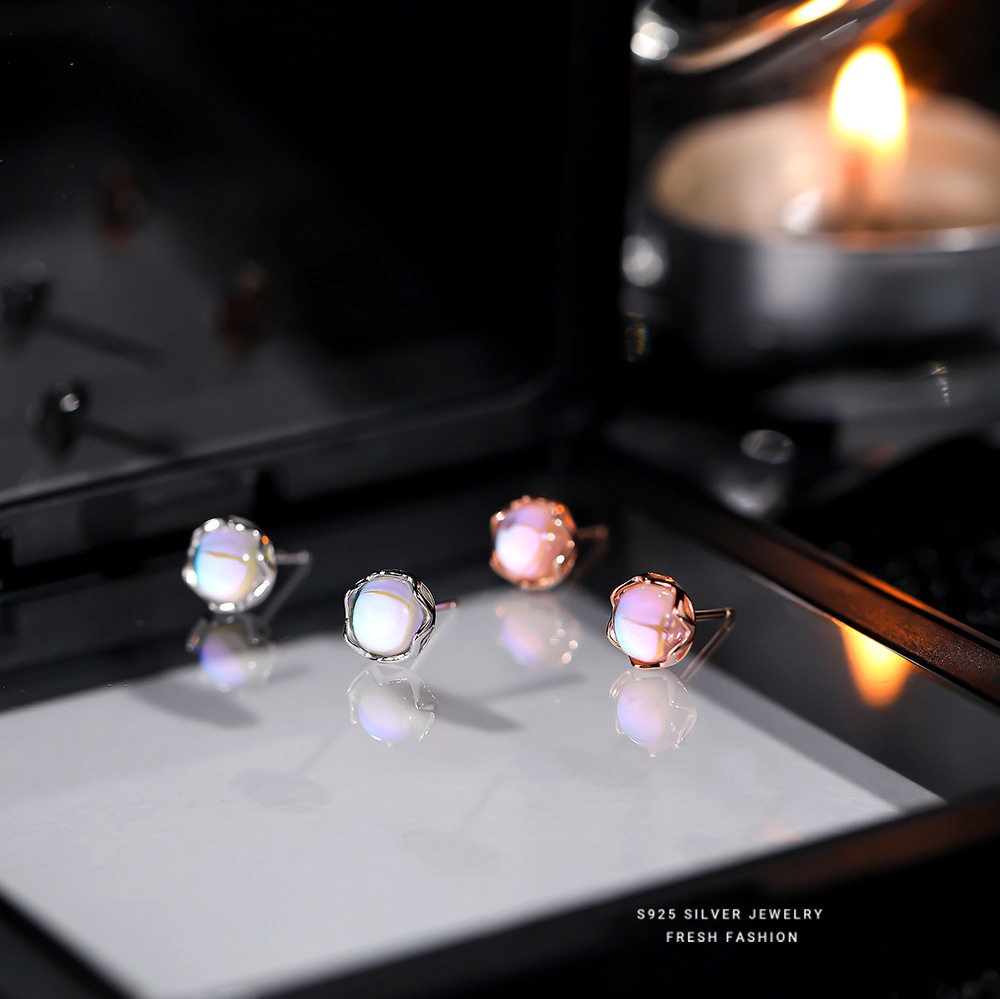 《海底》s925纯银月光石镶嵌耳钉女螺旋耳骨钉气质设计耳饰男