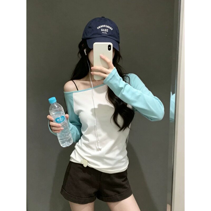 美式辣妹白拼蓝防晒罩衫女夏20T恤