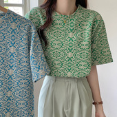 韩系复古T恤女春季 ins时髦小众浮雕花朵宽松休闲圆领短袖 上衣潮秋