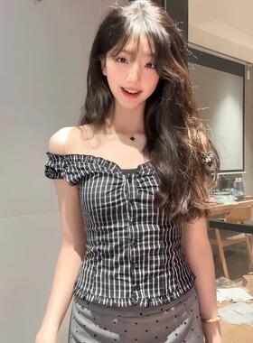 绝美一字肩格子衬衫女夏季新款两穿露肩衬衣性感辣妹修身显瘦上衣