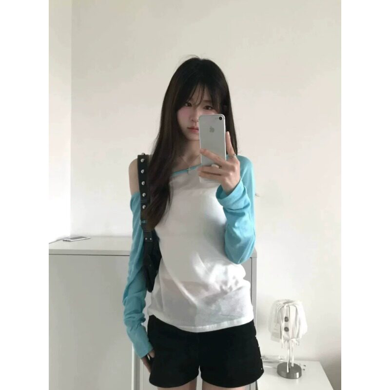 夏日清冷感韩系拼接撞色柔软圆领显瘦春秋季防晒长袖T恤上衣潮流