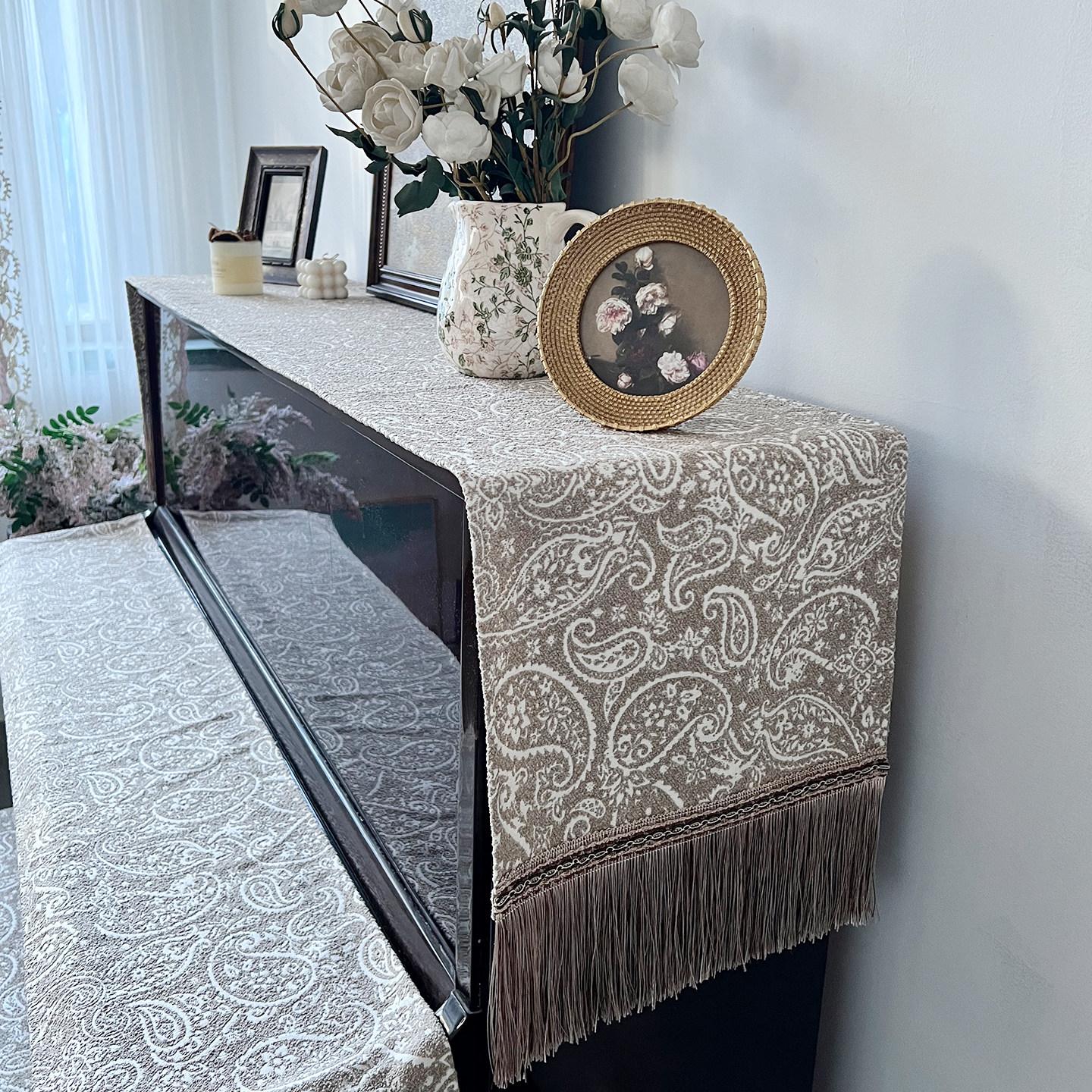 通用钢琴罩防尘加厚盖布巾现代简约法式半罩古典高端美式电钢琴披