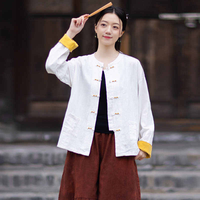 中式国风禅意盘扣改良唐装外套女夏薄款复古立领棉麻茶服开衫上衣