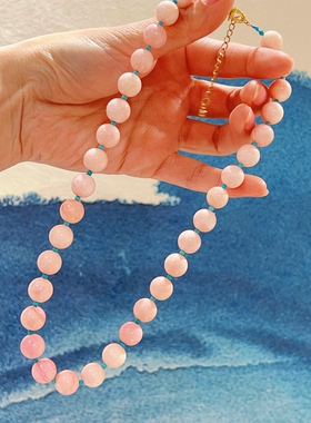原创设计天然淡粉色女王贝锁骨链轻奢法式叠戴绿松石项链女款镀金