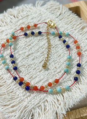 原创新中式绿松石青金石锁骨链