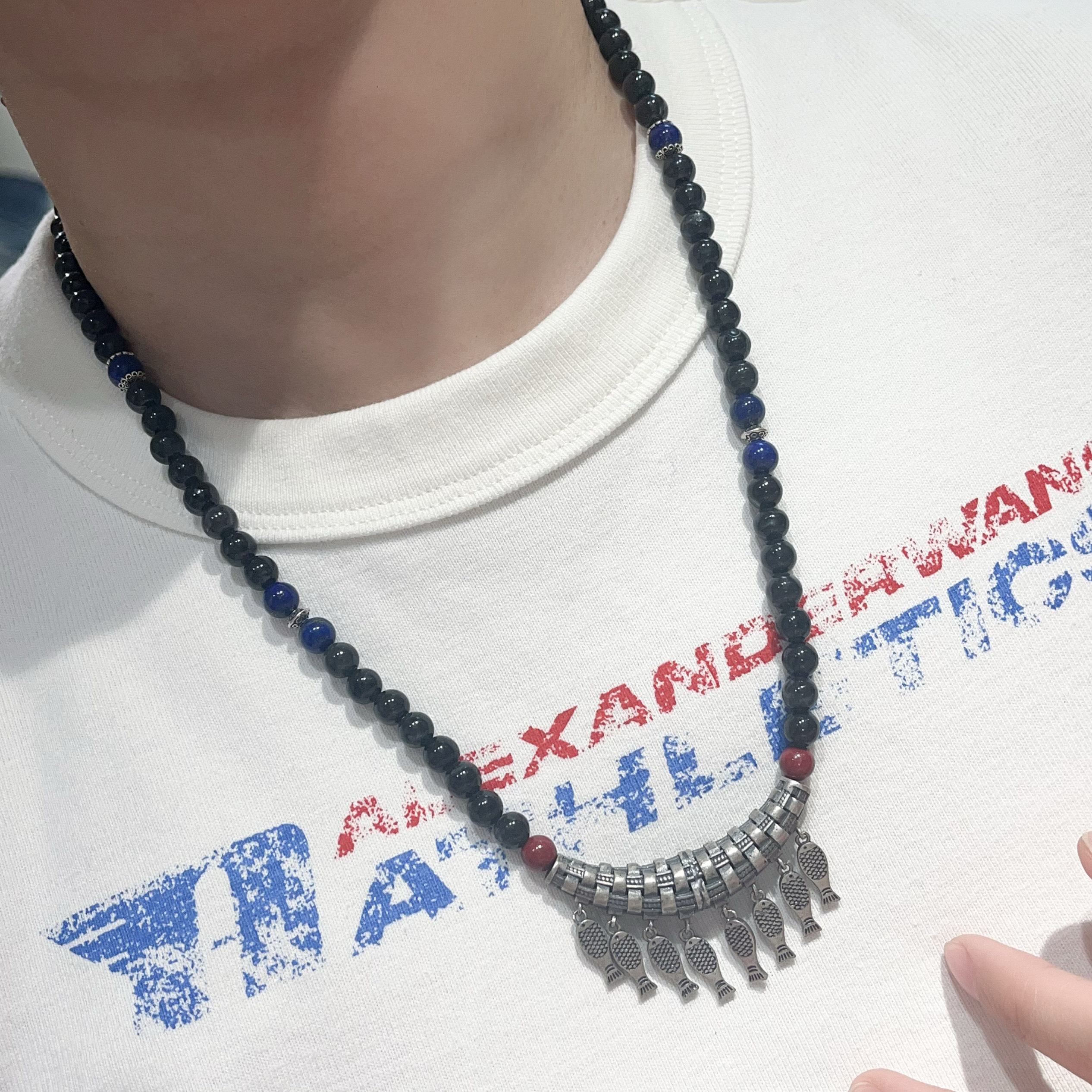 天然黑乌鸡翡翠s925银做旧小鱼吊坠民族风项链青金石朱砂中国风女