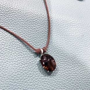 天然大克拉椭圆茶晶吊坠S925银镶嵌 真皮抽拉绳 复古轻奢项链 女