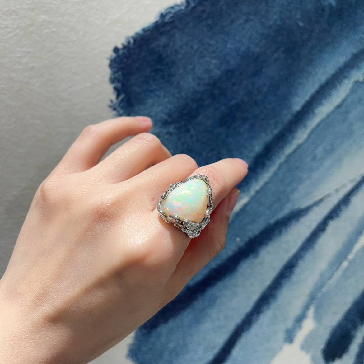 欧泊大克拉云朵戒指S925银女14码原创设计定制款可改圈口天然欧泊