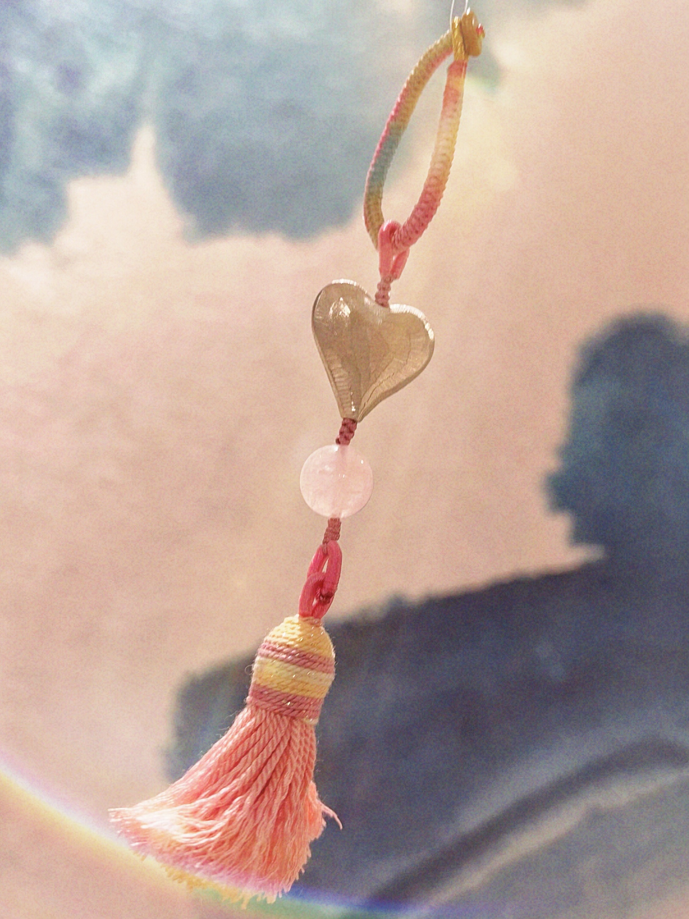 天然粉水晶银爱心流苏吊坠定制万能扣原创设计钥匙扣包饰吊坠挂件