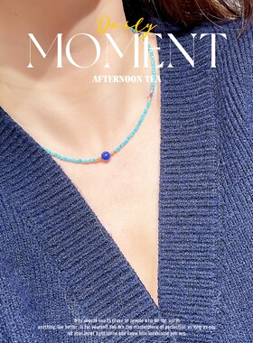 原创天然绿松石青金石锁骨链女