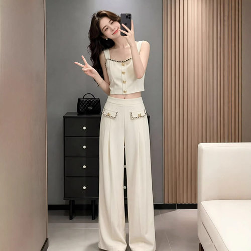 巨好看的休闲套装女夏季穿搭气质名媛小香风吊带西装阔腿裤两件套