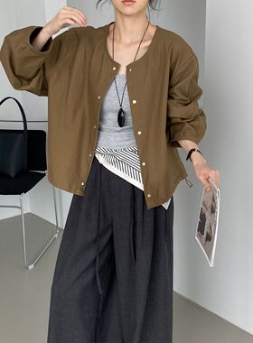 那末早秋显瘦小个子短款圆领风衣女韩系简约百搭宽松外套上衣