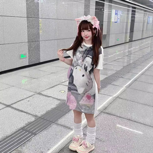 日系甜妹宽松休闲百搭遮肉 印花简约可爱机械姬猫猫t恤短袖