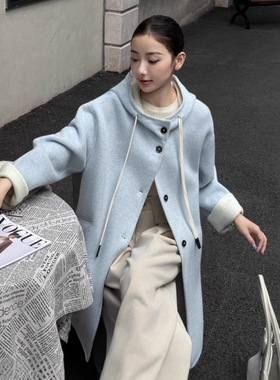 秋冬新款AB面双面羊毛大衣连帽外套女轻奢加厚保暖宽松中长款