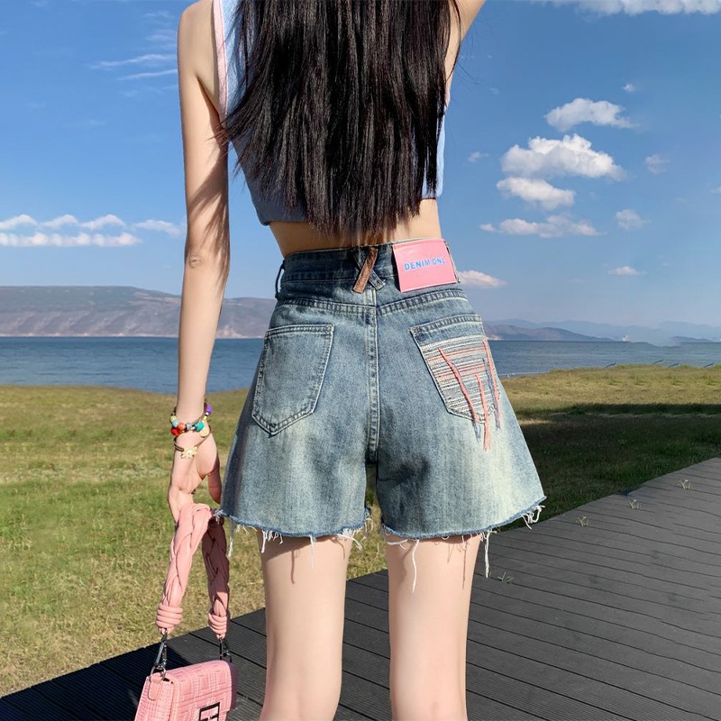 破洞牛仔短裤女夏装2025新款高腰显瘦阔腿宽松a字撞色大码热裤潮