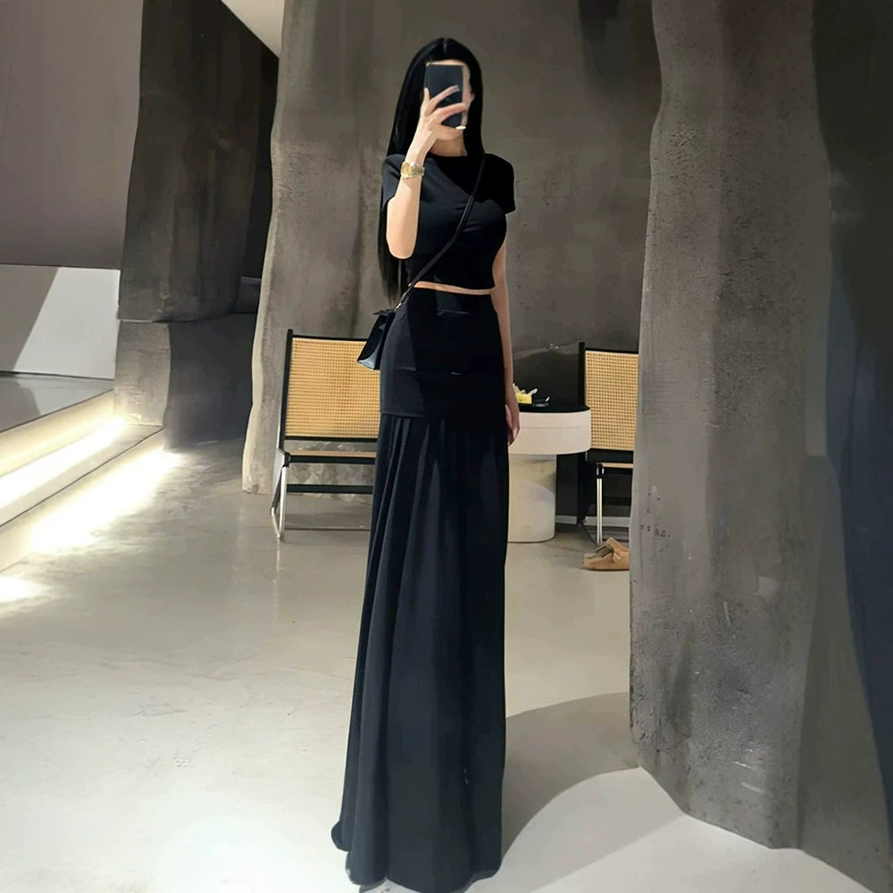 夏日绝美穿搭黑色套装裙女2026新款高级感网纱拼接假半身裙两件套