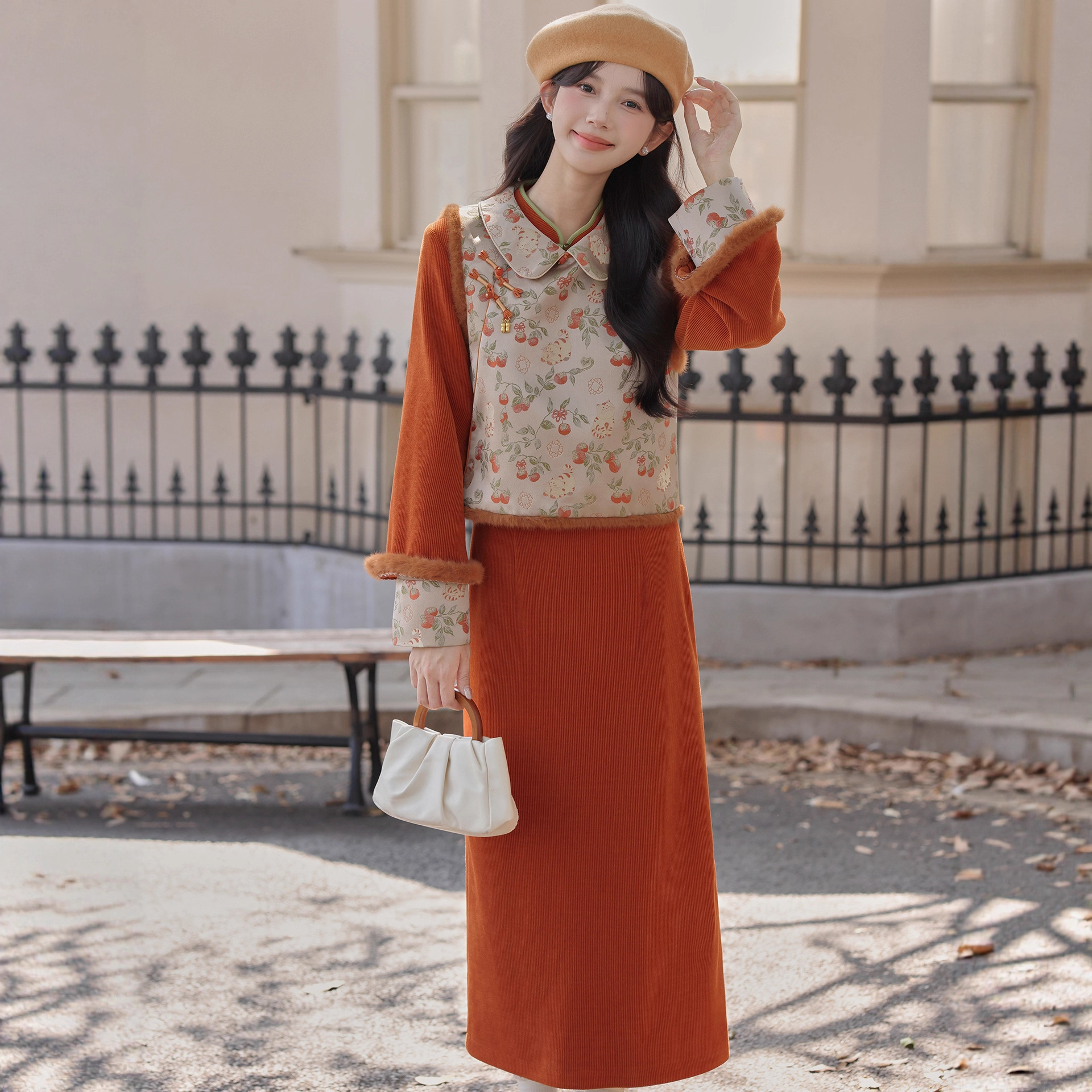 女装2025冬新中式柿柿如意国风圆领提花马甲加绒加厚拼接连衣裙子