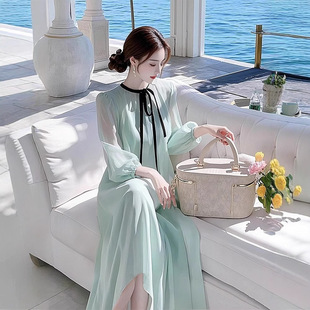 连衣裙三亚海边度假沙滩裙超仙云南泰国新疆旅行拍照 春夏绿色长袖