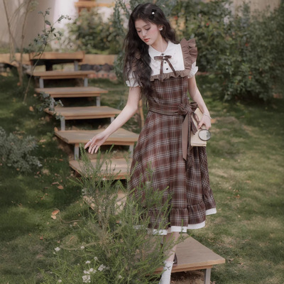 女装2026十三行复古棕格子假两件收腰显瘦连衣裙文艺长裙轻Lolita