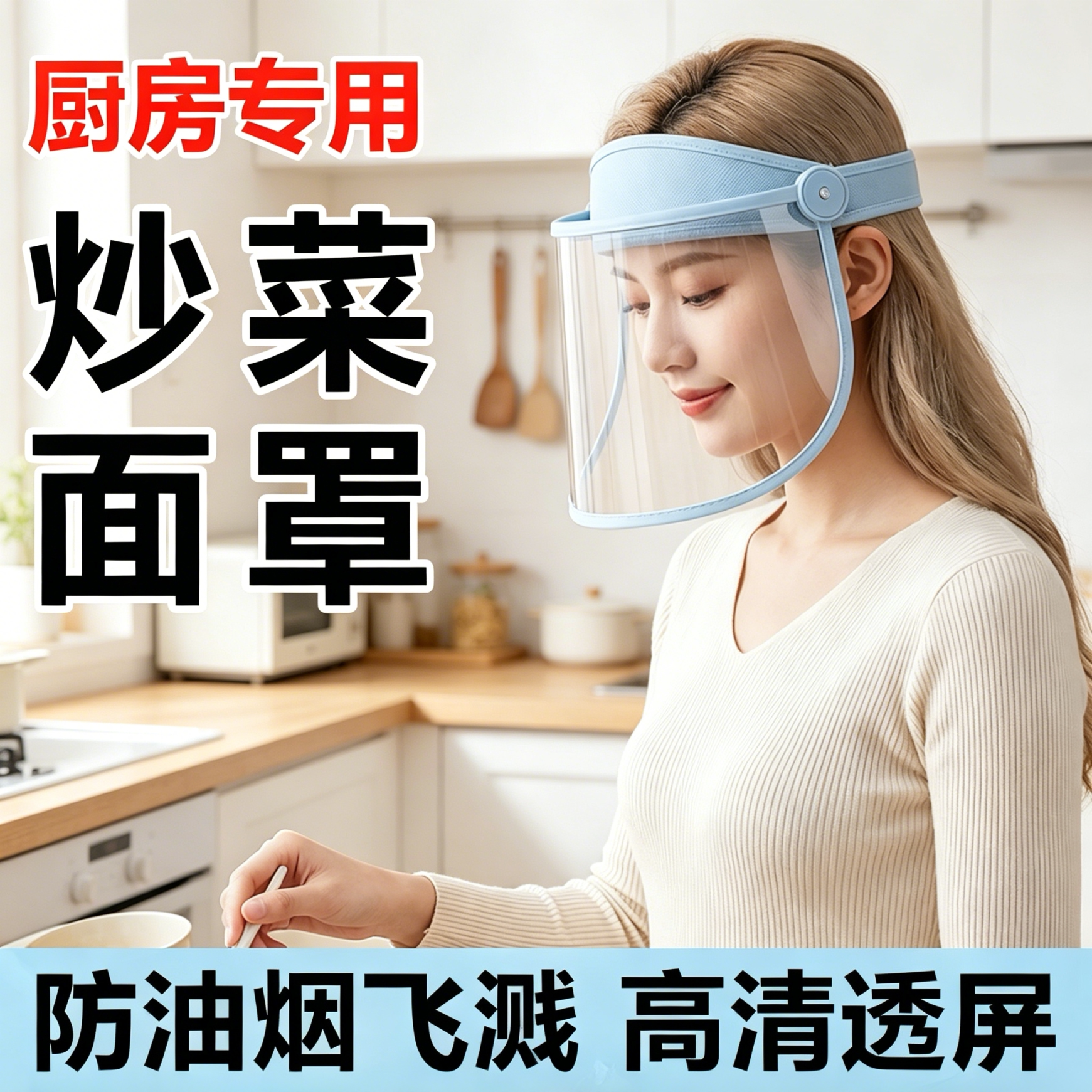 厨房炒菜防油溅面罩可戴眼镜双面防雾上下旋转防油烟全脸防护高清