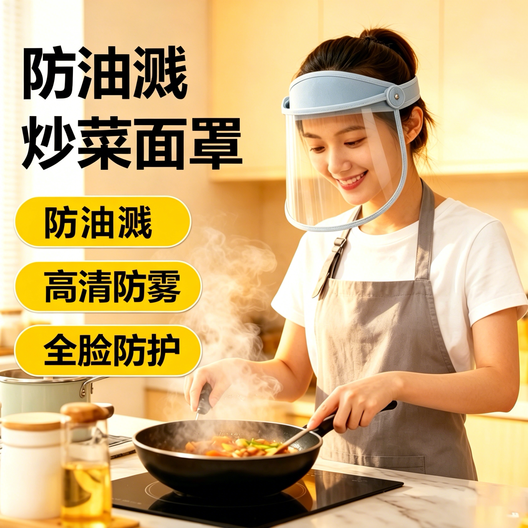 厨房炒菜防油溅面罩全脸防护可戴眼镜双面防雾防油烟便捷高清透明