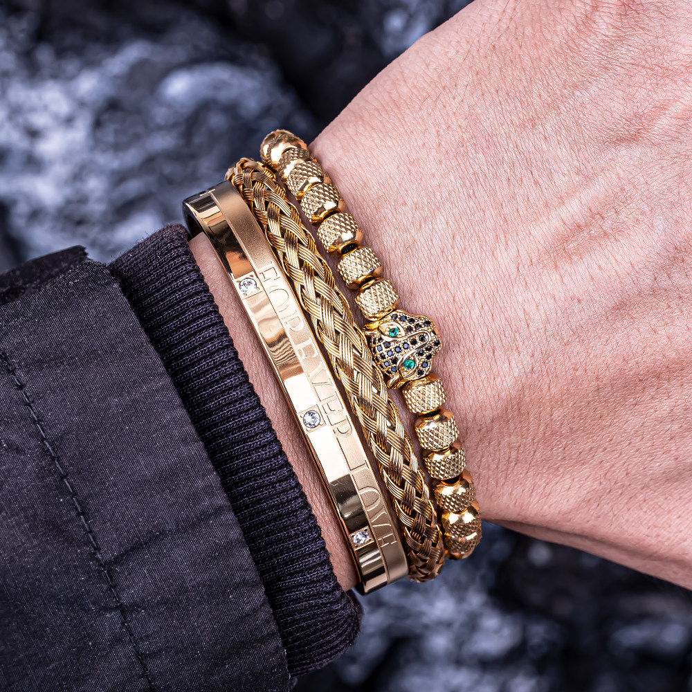 3件套绿钻豹头手链不锈钢手工编织男士罗马数字手镯情侣礼物小众