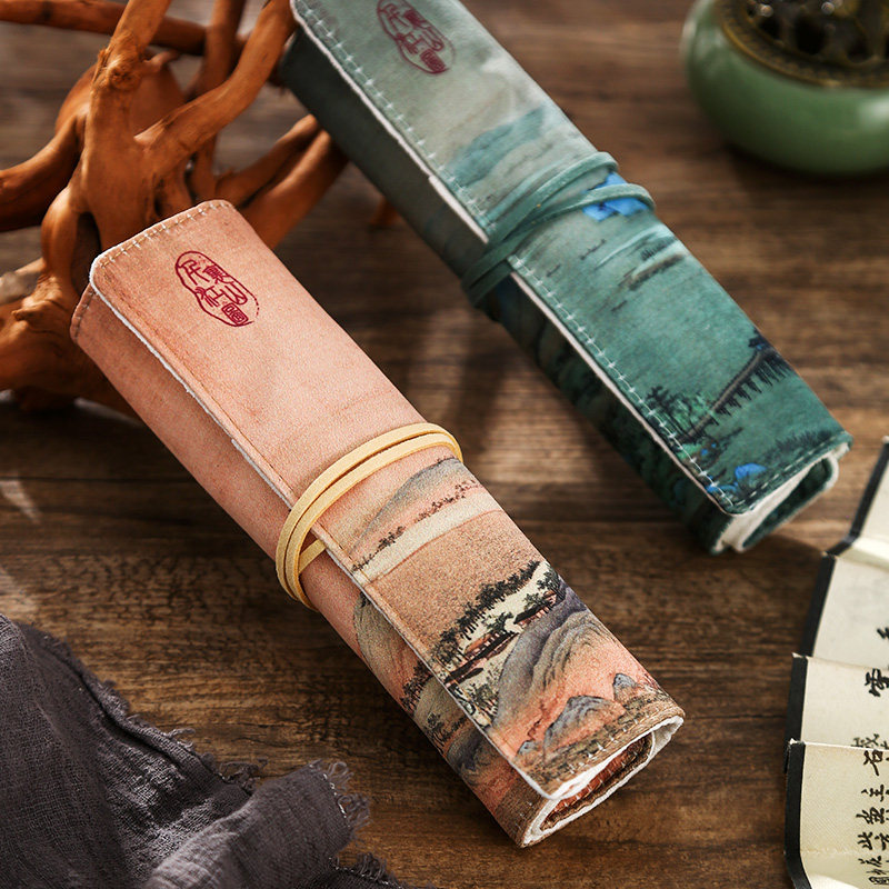 中国风千里江山图卷轴式文艺卷笔袋古风高级感学生铅笔盒小巧便携