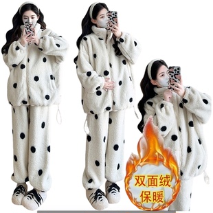 孕妇睡衣套装秋冬季加厚珊瑚绒保暖女波点双面法兰绒可外穿家居服