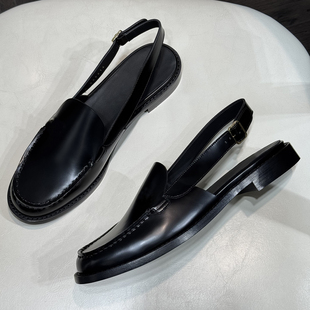 平底半拖小皮鞋 女钻扣后空乐福鞋 天花板25P老钱风Slingback凉鞋