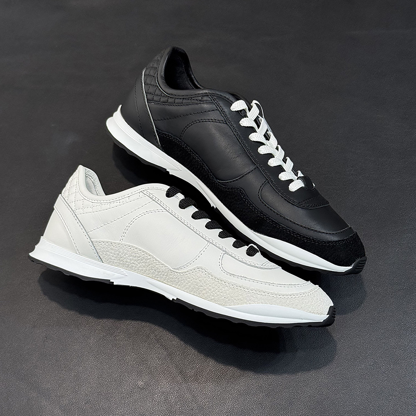 超轻软黑白熊猫运动鞋女菱格真皮平底德训鞋系带休闲网球鞋小白鞋