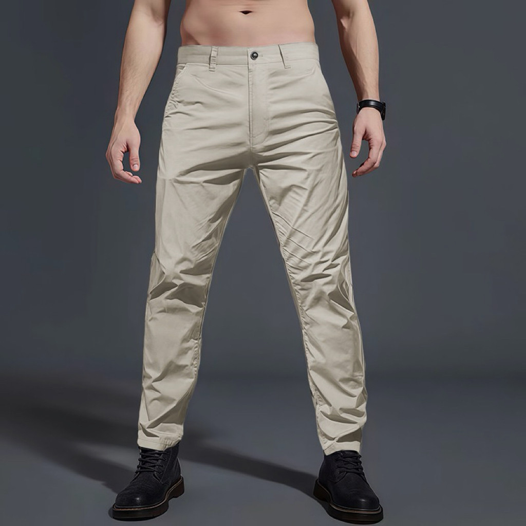 夏季薄款速干冰丝休闲裤男卡其色弹力修身直筒长裤男士轻盈工装裤