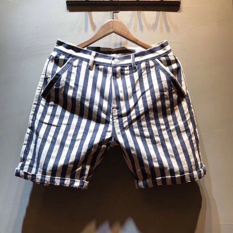 阿美咔叽蓝白帆布条纹短裤男复古宽松工装五分裤牛仔短裤男潮流夏