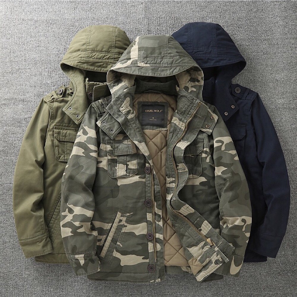 冬季加厚迷彩棉服多口袋连帽迷彩衣男士中长款外套大衣户外军旅潮