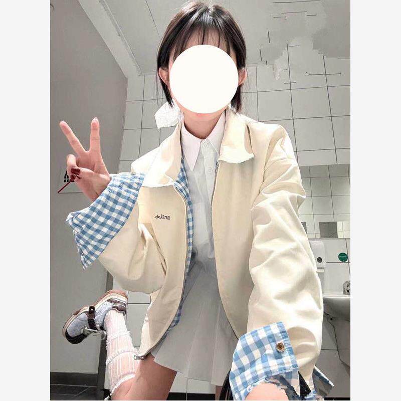 学生夹克开春外套女宽松百搭短款设计感格子双面穿翻领情侣款上衣